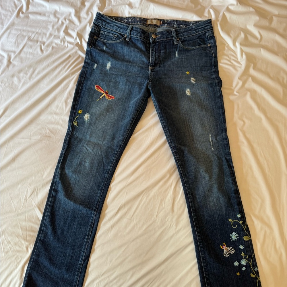 PAIGE Blue Straight Leg Jeans with Distressed Detailing